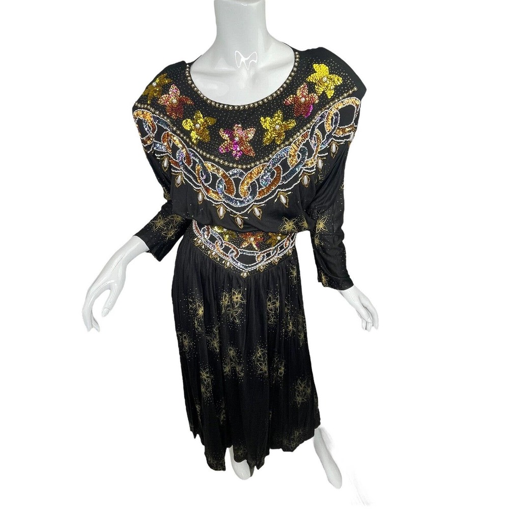 Vintage Bali Chic Black Gold Heavily Embellished Blouse & Skirt Sequins Beads